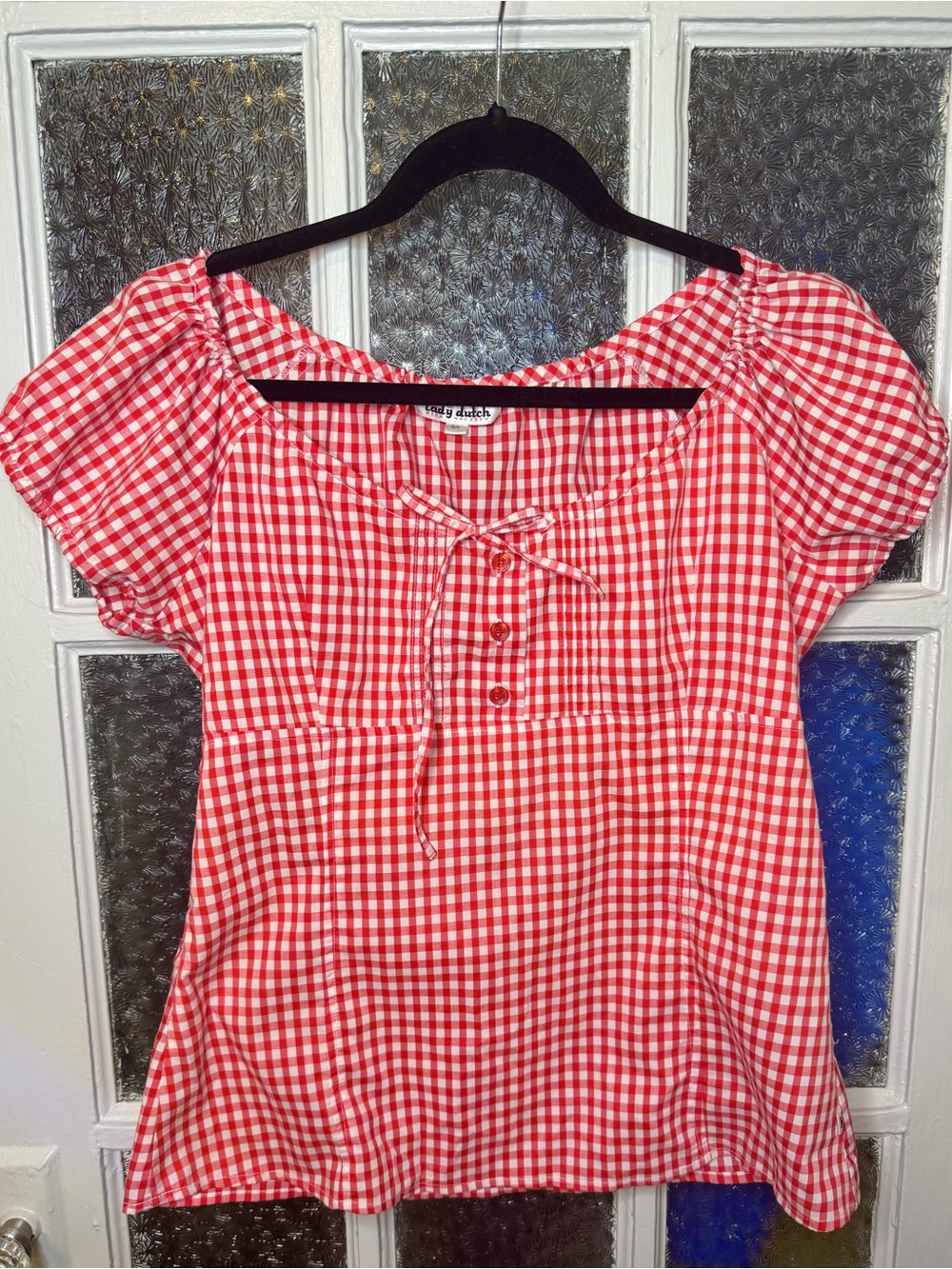 Red Gingham Peasant Top with Tie Front and drawstring neckline